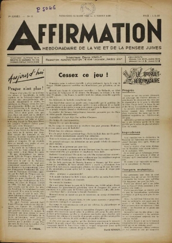 Affirmation. Vol. 01 N°11 (24 mars 1939)